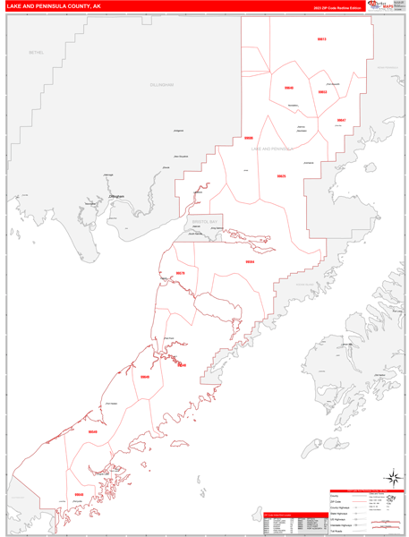 Lake And Peninsula County Wall Map Red Line Style